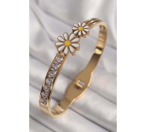 316L Çelik Gold Renk Zirkon Taşlı Papatya Model Kadın Kelepçe - TJ-BB6781