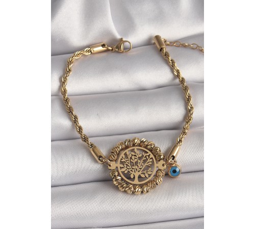 316L Çelik Gold Renk Burgu Zincir Model Dorika Yaşam Ağacı Figür Nazar Boncuk Detay Kadın Bileklik - TJ-BB6784