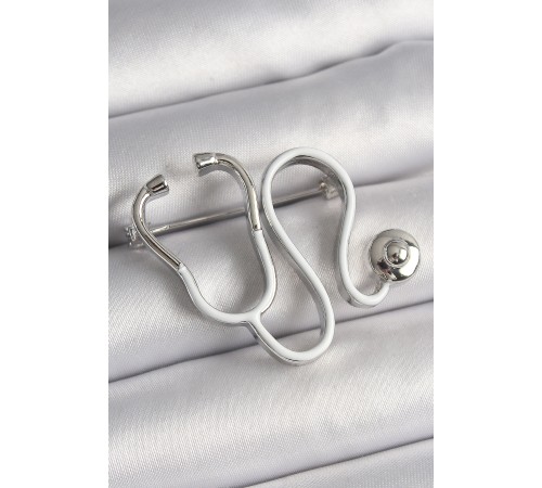 Pirinç Gümüş Renk Beyaz Steteskop Model Kadın Broş - TJ-BR400