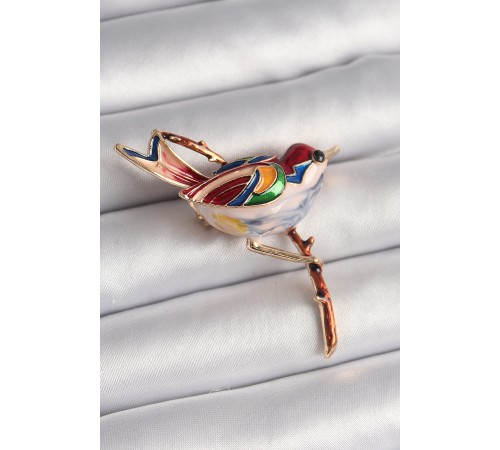 Pirinç Gold Renk Renkli Kuş Model Kadın Broş - TJ-BR401