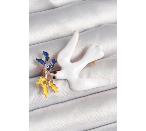 Pirinç Gold Renk Beyaz Kuş Model Zirkon Taşlı Sarı Lacivert Yaprak Detay Kadın Broş - TJ-BR415
