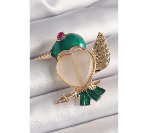 Pirinç Gold Renk Beyaz Mineli Kalp Yeşil Sinek Kuşu Model Pembe Zirkon Taş Detay Kadın Broş - TJ-BR419