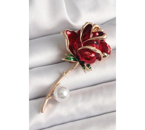 Pirinç Gold Renk Kırmızı Gül Model İnci Detay Kadın Broş - TJ-BR422