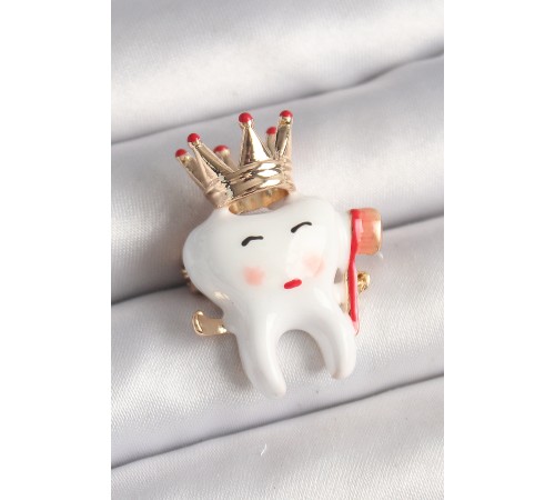 Pirinç Gold Renk Taç Beyaz Diş Model Diş Fırçası Detay Kadın Broş - TJ-BR423