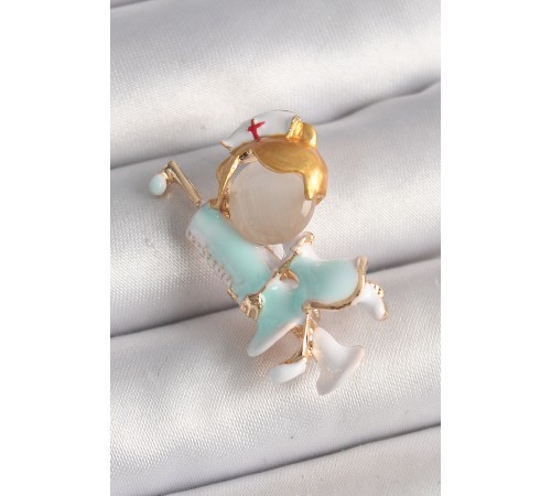 Pirinç Gold Renk Beyaz Mavi Renk Hemşire Model Şırınga Detay Kadın Broş - TJ-BR424