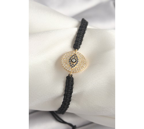 Pirinç Gold Renk Zirkon Taşlı Göz İşlemeli Figür Asansörlü Makrome Model Kadın Bileklik - TJ-BB6792