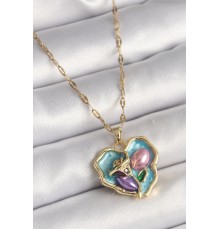 316L Çelik Gold Renk Zincir Çiçek İşlemeli Zirkon Taş Detaylı Mavi Kalp Portre Model Kadın Kolye - TJ-BKO9879