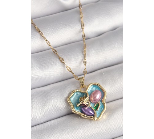 316L Çelik Gold Renk Zincir Çiçek İşlemeli Zirkon Taş Detaylı Mavi Kalp Portre Model Kadın Kolye - TJ-BKO9879