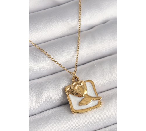 316L Çelik Gold Renk Zincir Beyaz Mineli Gül Portre Model Kadın Kolye - TJ-BKO9880