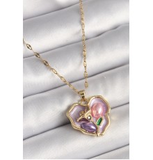 316L Çelik Gold Renk Zincir Mor Çiçek İşlemeli Zirkon Taş Detaylı Kalp Portre Model Kadın Kolye - TJ-BKO9881