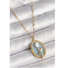 316L Çelik Gold Renk Mavi Oval Portre Model Çiçek İşleme Detay Kadın Kolye - TJ-BKO9883