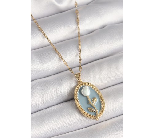 316L Çelik Gold Renk Mavi Oval Portre Model Çiçek İşleme Detay Kadın Kolye - TJ-BKO9883