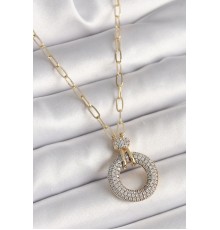 Pirinç Gold Renk Zirkon Taşlı Madalyon Model Kadın Kolye - TJ-BKO9884