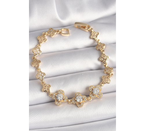 Pirinç Gold Renk Zirkon Taşlı Yonca Model Kadın Bileklik - TJ-BB6812