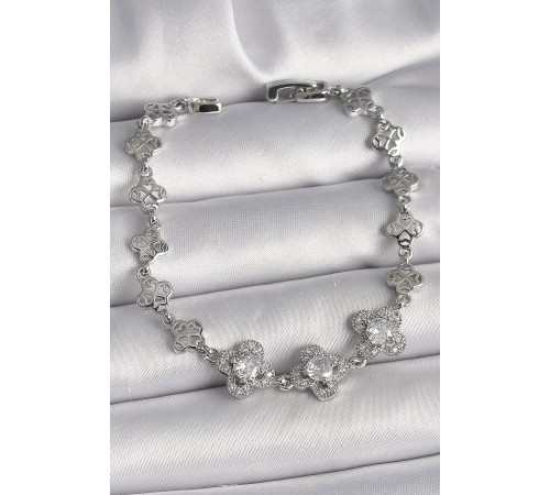 Pirinç Gümüş Renk Zirkon Taşlı Yonca Model Kadın Bileklik - TJ-BB6813