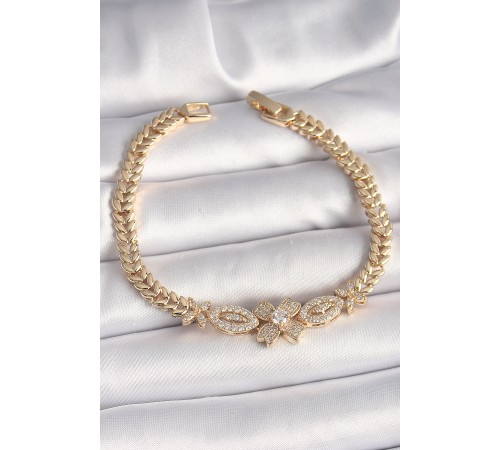 Pirinç Gold Renk Zirkon Taşlı Çiçek Figür Arpa Zincir Model Kadın Bileklik - TJ-BB6816