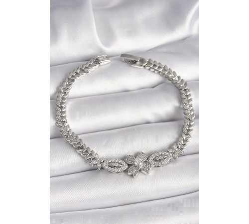 Pirinç Gümüş Renk Zirkon Taşlı Çiçek Figür Arpa Zincir Model Kadın Bileklik - TJ-BB6817