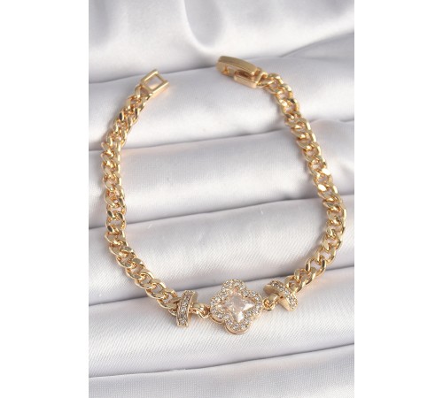 Pirinç Gold Renk Zirkon Taşlı Yonca Figür Zincir Model Kadın Bileklik - TJ-BB6818