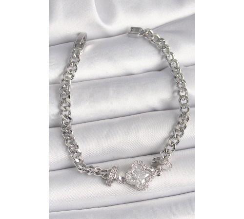 Pirinç Gümüş Renk Zirkon Taşlı Yonca Figür Zincir Model Kadın Bileklik - TJ-BB6819