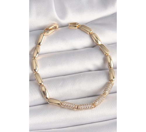 Pirinç Gold Renk Zirkon Taşlı Arpa Zincir Model Kadın Bileklik - TJ-BB6820