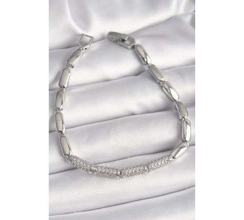 Pirinç Gümüş Renk Zirkon Taşlı Arpa Zincir Model Kadın Bileklik - TJ-BB6821