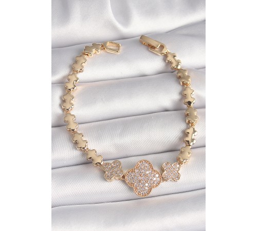 Pirinç Gold Renk Zirkon Taşlı Yonca Model Zincir Kadın Bileklik - TJ-BB6822