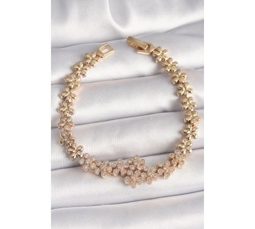 Pirinç Gold Renk Zirkon Taşlı Zincir Çiçek Model Kadın Bileklik - TJ-BB6824