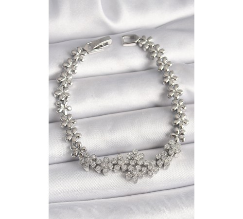 Pirinç Gümüş Renk Zirkon Taşlı Çiçek Zincir Model Kadın Bileklik - TJ-BB6825