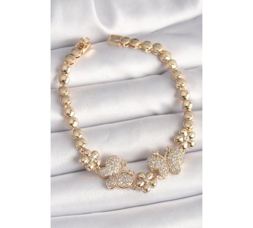 Pirinç Gold Renk Zirkon Taşlı Figür Çiçek Zincir Model Kadın Bileklik - TJ-BB6826