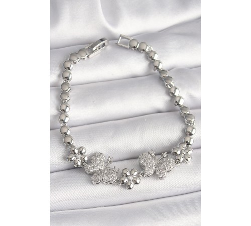 Pirinç Gümüş Renk Zirkon Taşlı Figür Çiçek Zincir Model Kadın Bileklik - TJ-BB6827