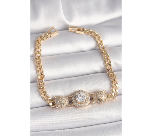 Pirinç Gold Renk Zirkon Taşlı Leopar Figür Zincir Model Kadın Bileklik - TJ-BB6828