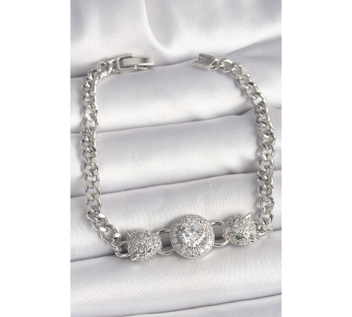 Pirinç Gümüş Renk Zirkon Taşlı Leopar Figür Zincir Model Kadın Bileklik - TJ-BB6829