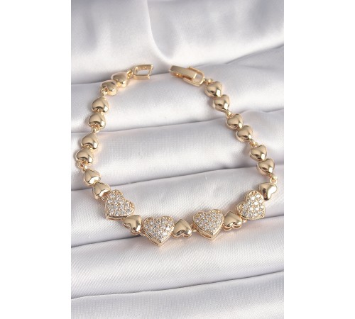 Pirinç Gold Renk Zirkon Taşlı Kalp Zincir Model Kadın Bileklik - TJ-BB6830