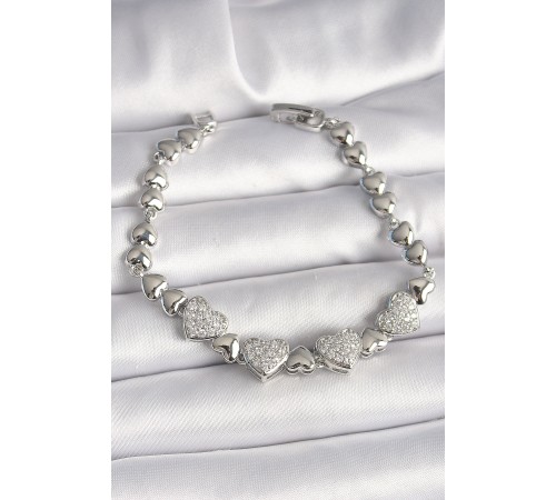 Pirinç Gümüş Renk Zirkon Taşlı Kalp Model Zincir Kadın Bileklik - TJ-BB6831