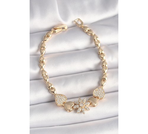 Pirinç Gold Renk Zirkon Taşlı Çiçek Figür Kalp Zincir Model Kadın Bileklik - TJ-BB6832