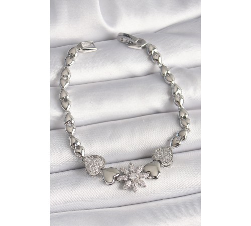 Pirinç Gümüş Renk Zirkon Taşlı Çiçek Figür Kalp Zincir Model Kadın Bileklik - TJ-BB6833