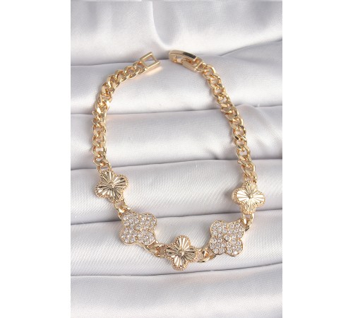 Pirinç Gold Renk Zirkon Taşlı Yonca Model Kadın Bileklik - TJ-BB6836