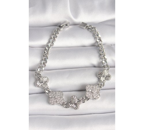 Pirinç Gümüş Renk Zincir Yonca Model Kadın Bileklik - TJ-BB6837