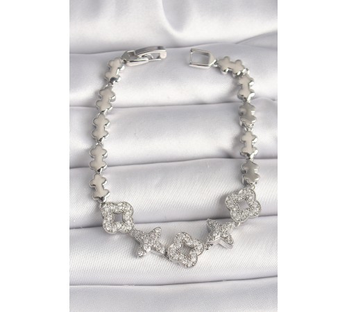 Pirinç Gümüş Renk Zirkon Taşlı Yonca Yıldız Model Kadın Bileklik - TJ-BB6839