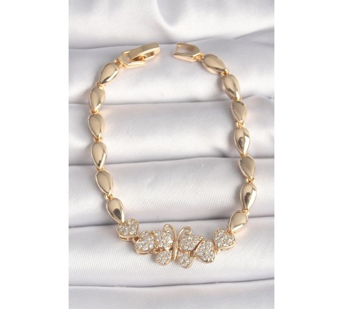 Pirinç Gold Renk Zirkon Taşlı Figür Damla Zincir Model Kadın Bileklik - TJ-BB6840