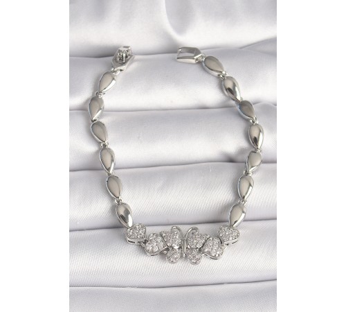 Pirinç Gümüş Renk Zirkon Taşlı Figür Damla Zincir Model Kadın Bileklik - TJ-BB6841