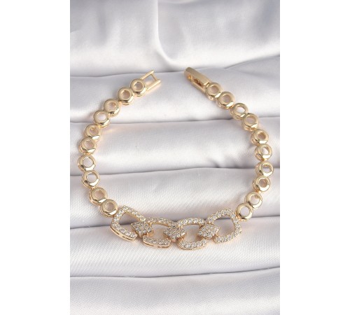 Pirinç Gold Renk Zirkon Taşlı Daire Zincir Model Kadın Bileklik - TJ-BB6842