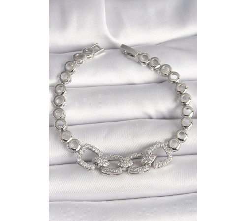 Pirinç Gümüş Renk Zirkon Taşlı Daire Zincir Model Kadın Bileklik - TJ-BB6843