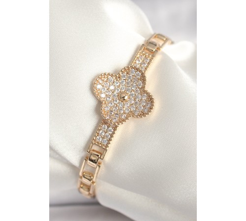 Pirinç Gold Renk Zirkon Taşlı Yonca Model Kadın Bileklik - TJ-BB6844