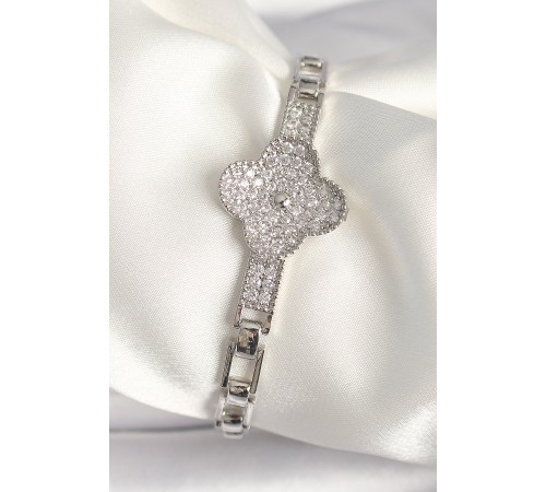 Pirinç Gümüş Renk Zirkon Taşlı Yonca Model Kadın Bileklik - TJ-BB6845