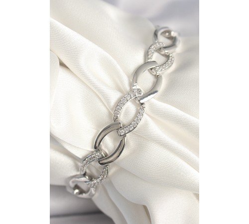 Pirinç Gümüş Renk Zirkon Taşlı Oval Zincir Model Kadın Bileklik - TJ-BB6848