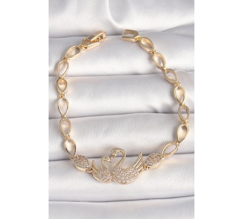 Pirinç Gold Renk Zirkon Taşlı Kuğu Figür Damla Zincir Model Kadın Bileklik - TJ-BB6849