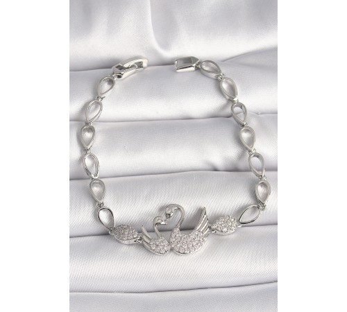 Pirinç Gümüş Renk Zirkon Taşlı Kuğu Figür Damla Zincir Model Kadın Bileklik - TJ-BB6850