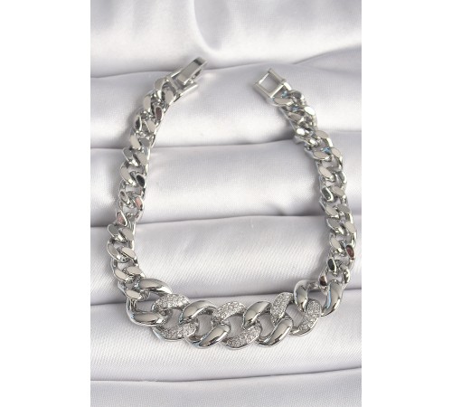 Pirinç Gümüş Renk Zirkon Taşlı Kalın Halka Model Kadın Bileklik - TJ-BB6854