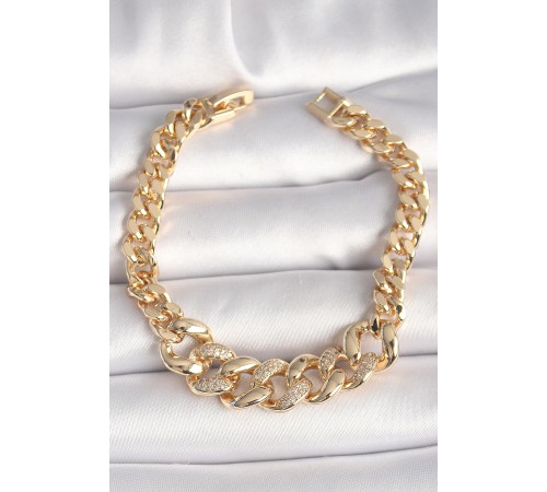 Pirinç Gold Renk Zirkon Taşlı Kalın Halka Model Kadın Bileklik - TJ-BB6853